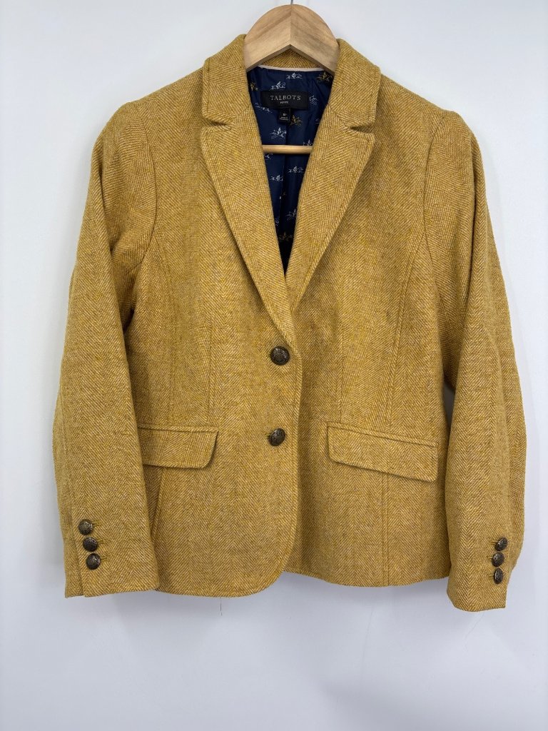 Talbots Blazer Wool Blend Herringbone Tweed Yellow Size 8 Petite